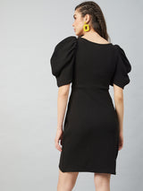 Women's Black Work Regular Fit Solid Half Sleeves Dress