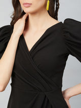 Women's Black Work Regular Fit Solid Half Sleeves Dress