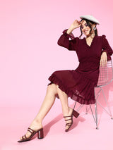 Women's Red Casual Regular Fit Solid Full Sleeves Dress