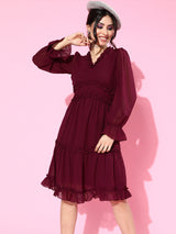 Women's Red Casual Regular Fit Solid Full Sleeves Dress