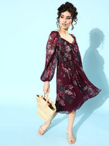 Women's Red Casual Fit & Flare Printed Full Sleeves Dress