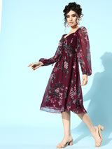 Women's Red Casual Fit & Flare Printed Full Sleeves Dress