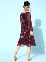 Women's Red Casual Fit & Flare Printed Full Sleeves Dress