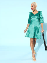 Women's Green Party Fit & Flare Solid Half Sleeves Dress