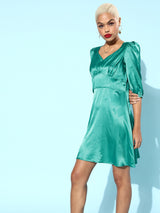 Women's Green Party Fit & Flare Solid Half Sleeves Dress