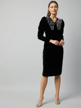 Women's Black Party Regular Fit Embellished Full Sleeves Dress