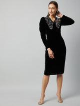 Women's Black Party Regular Fit Embellished Full Sleeves Dress