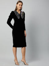 Women's Black Party Regular Fit Embellished Full Sleeves Dress