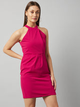 Women's Pink Party Regular Fit Solid Sleeveless Dress
