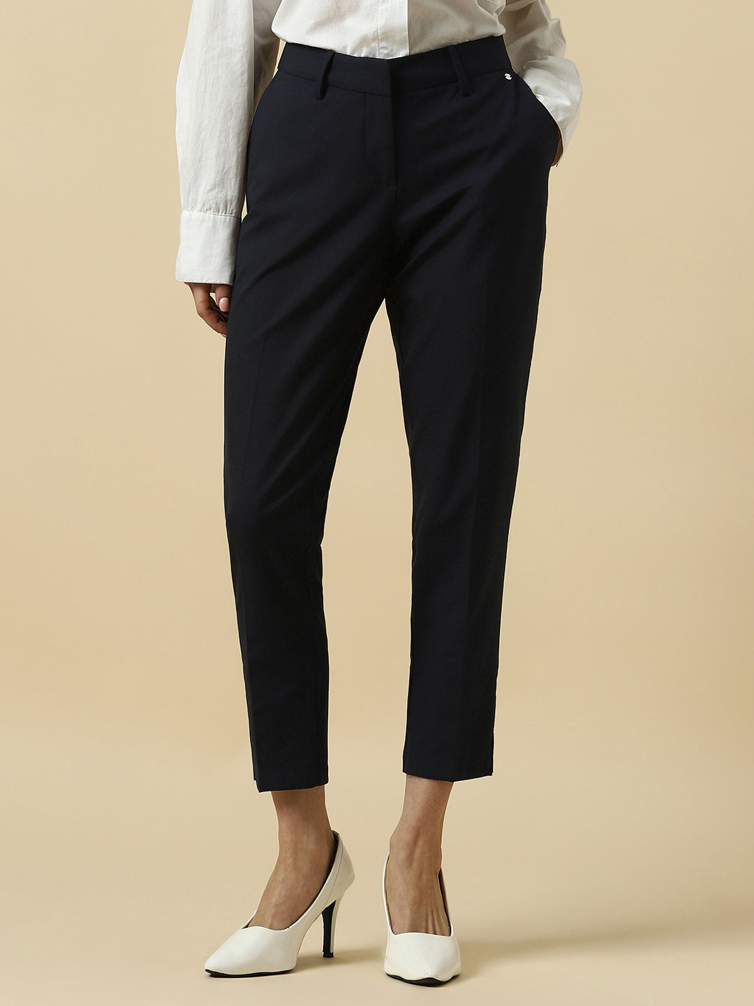 Women's Blue Casual Tapered Fit Solid Trouser