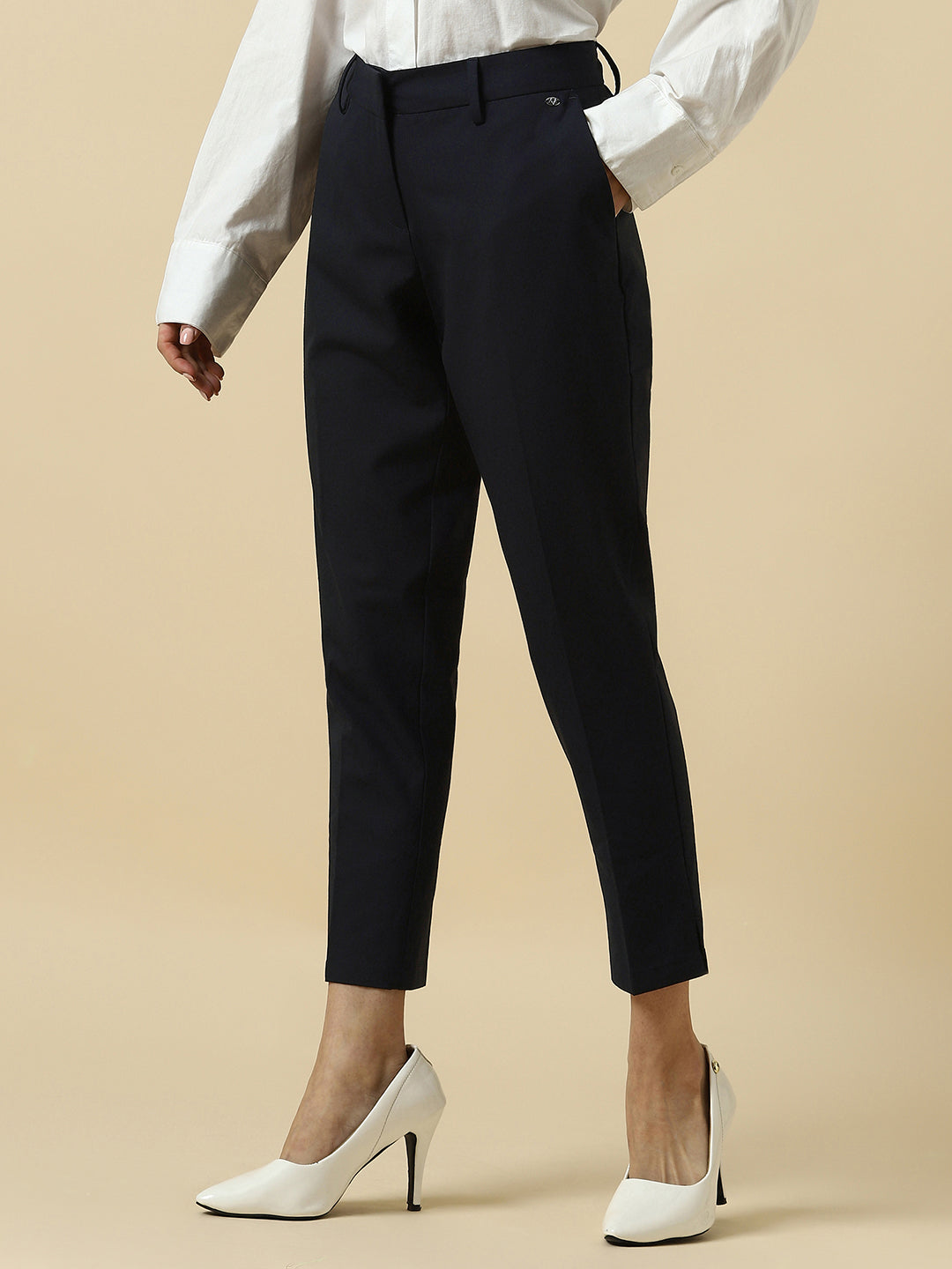 Women's Blue Casual Tapered Fit Solid Trouser