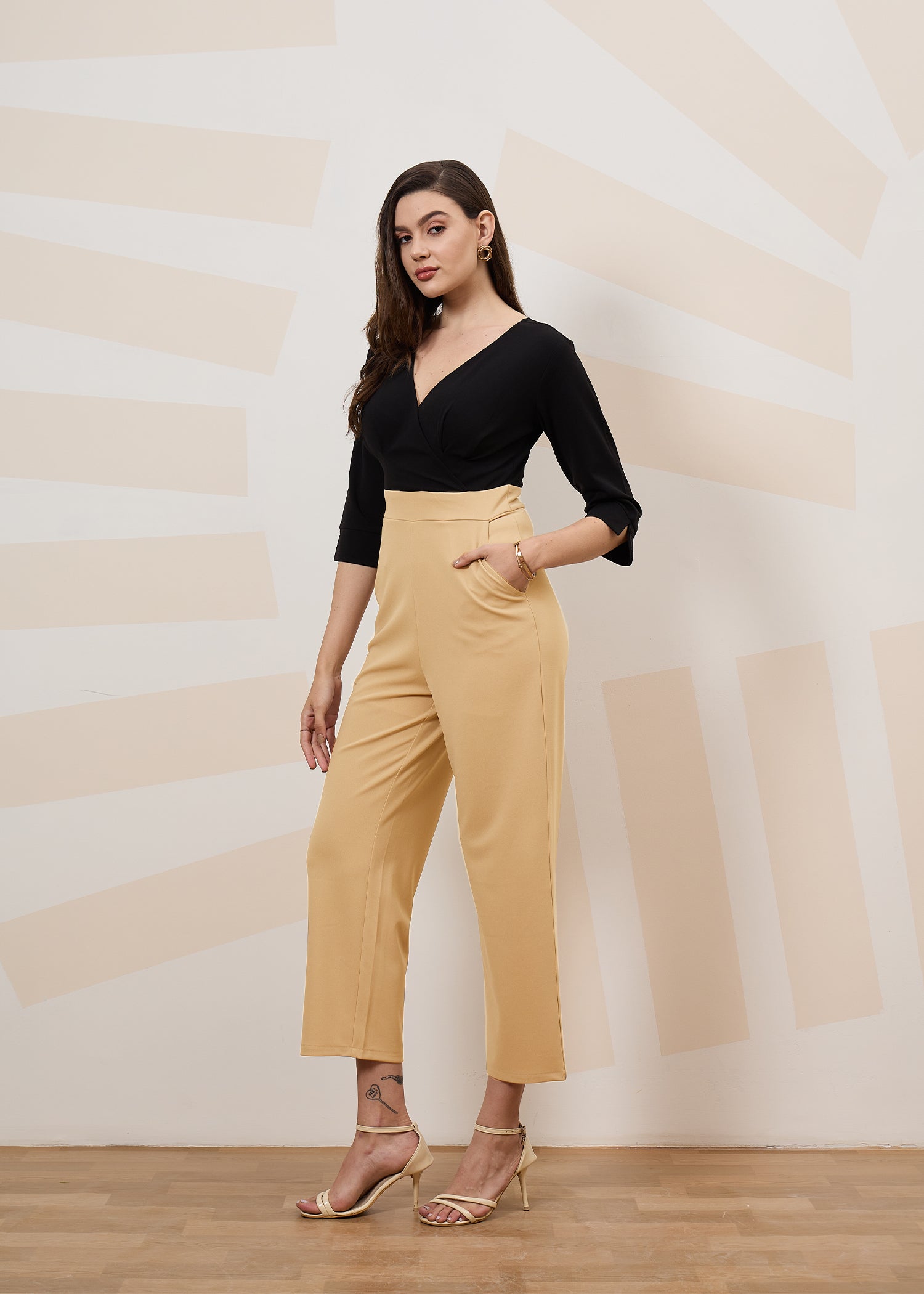Women's Black and Beige Solid Jumpsuit