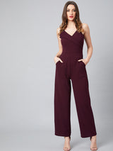 Women's Burgundy Shoulder Strap with Pockets Jumpsuit