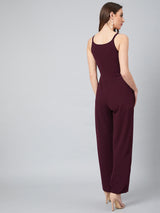 Women's Burgundy Shoulder Strap with Pockets Jumpsuit
