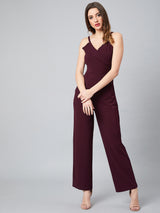 Women's Burgundy Shoulder Strap with Pockets Jumpsuit