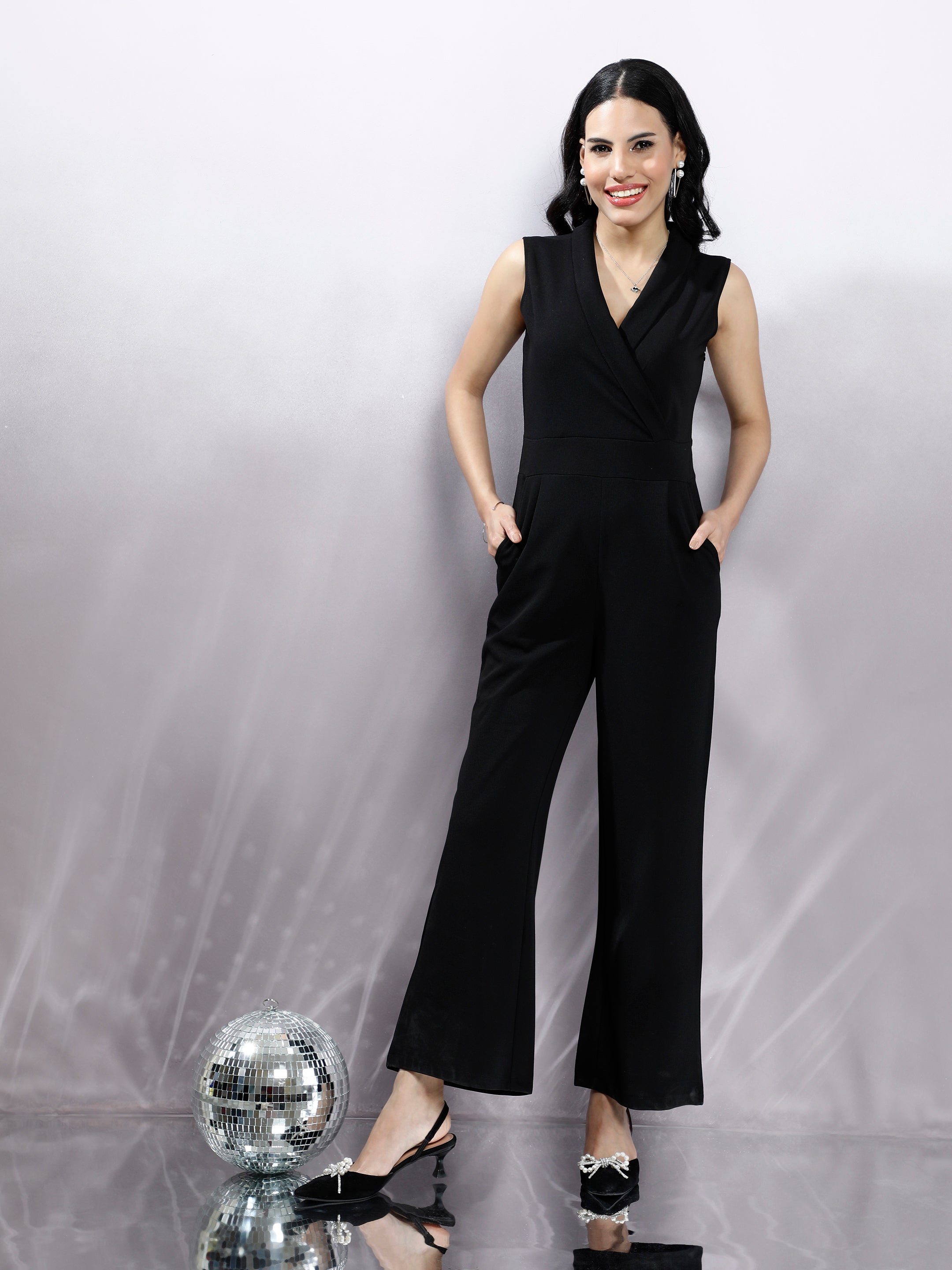 Women's Black Shawl Collar Jumpsuit