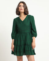 Women's Alexa Dark Green Viscose Fabric 3/4Th Sleeves V-Neck Balloon Sleeve Regular Fit Plain Mini A-Line Dress