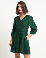 Women's Alexa Dark Green Viscose Fabric 3/4Th Sleeves V-Neck Balloon Sleeve Regular Fit Plain Mini A-Line Dress