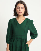 Women's Alexa Dark Green Viscose Fabric 3/4Th Sleeves V-Neck Balloon Sleeve Regular Fit Plain Mini A-Line Dress