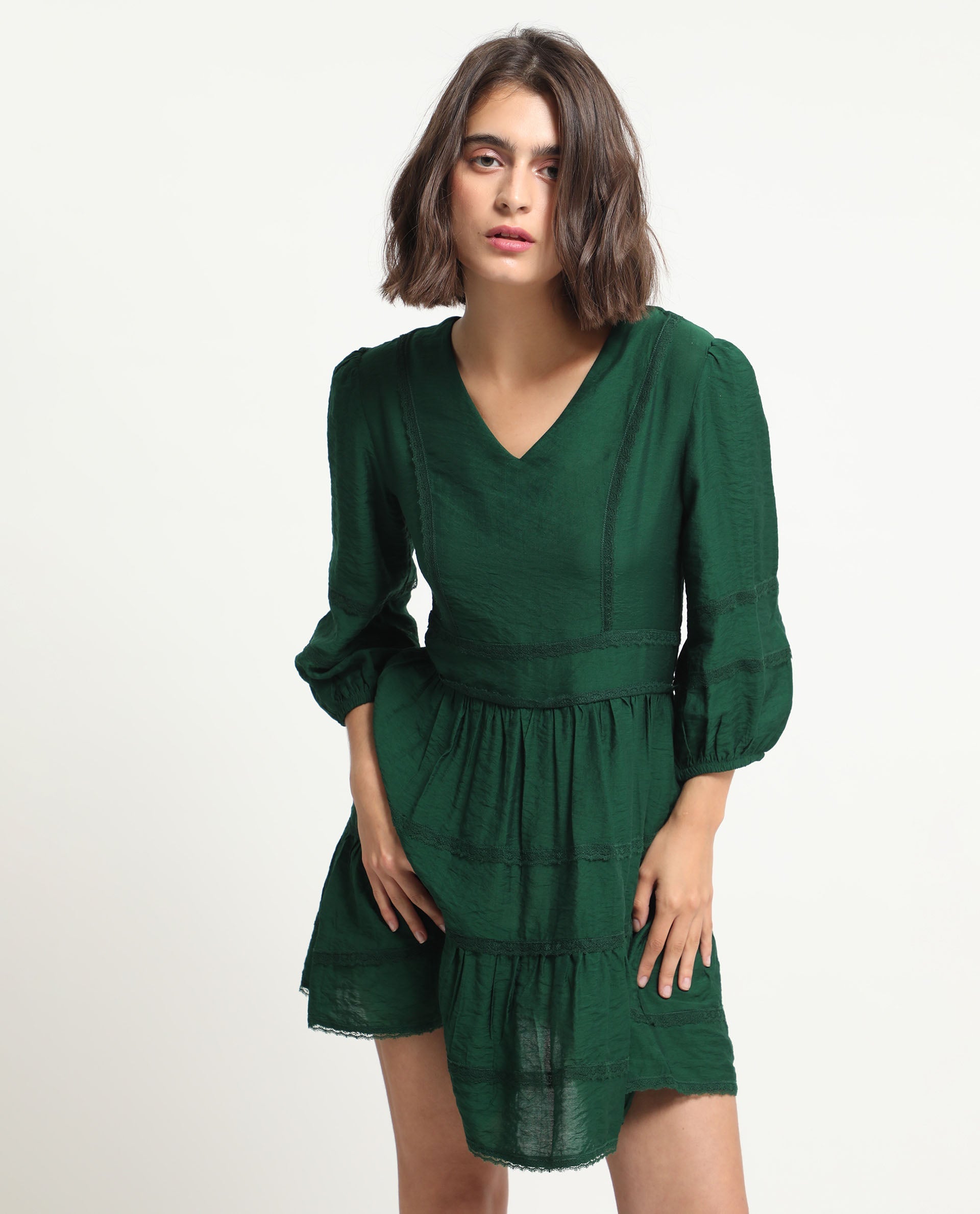 Women's Alexa Dark Green Viscose Fabric 3/4Th Sleeves V-Neck Balloon Sleeve Regular Fit Plain Mini A-Line Dress
