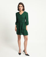 Women's Alexa Dark Green Viscose Fabric 3/4Th Sleeves V-Neck Balloon Sleeve Regular Fit Plain Mini A-Line Dress