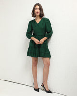 Women's Alexa Dark Green Viscose Fabric 3/4Th Sleeves V-Neck Balloon Sleeve Regular Fit Plain Mini A-Line Dress