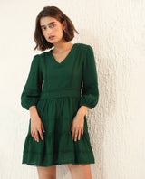 Women's Alexa Dark Green Viscose Fabric 3/4Th Sleeves V-Neck Balloon Sleeve Regular Fit Plain Mini A-Line Dress