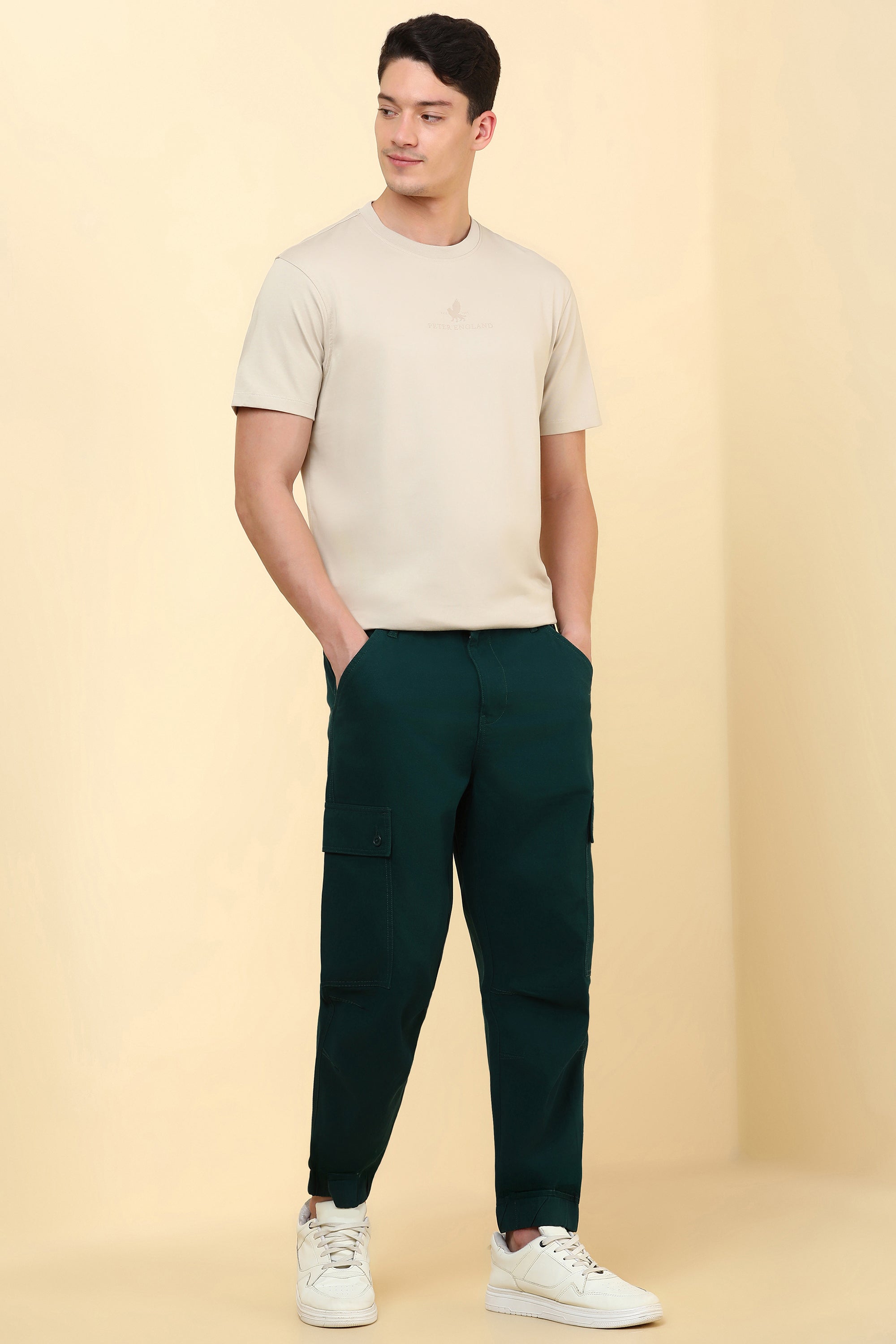 Men's Olive Casual Solid Mid Rise Trouser