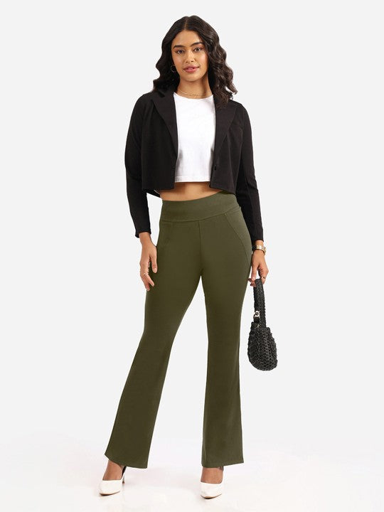 Women's Green Solid Sports High Rise Trouser