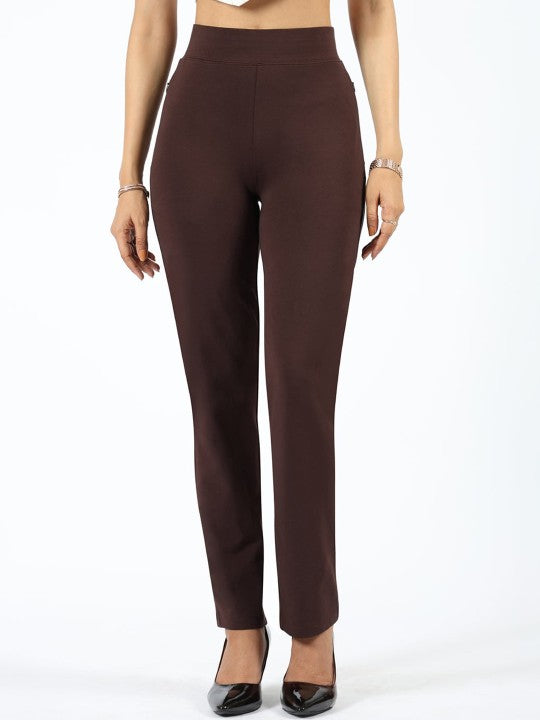 Women's Brown Solid Sports High Rise Pant