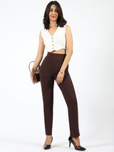 Women's Brown Solid Sports High Rise Pant