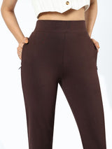 Women's Brown Solid Sports High Rise Pant