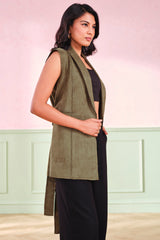 Women's Green Casual Solid Sleeveless Jackets