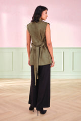 Women's Green Casual Solid Sleeveless Jackets