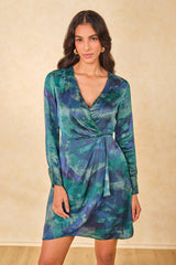 Women's Blue Party Regular Fit Printed Full Sleeves Dress