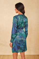 Women's Blue Party Regular Fit Printed Full Sleeves Dress