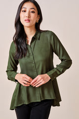 Women's Green Casual Regular Fit Solid Full Sleeves Tops