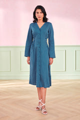 Women's Blue Casual Regular Fit Solid Full Sleeves Dress