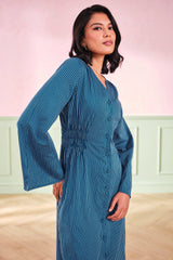 Women's Blue Casual Regular Fit Solid Full Sleeves Dress