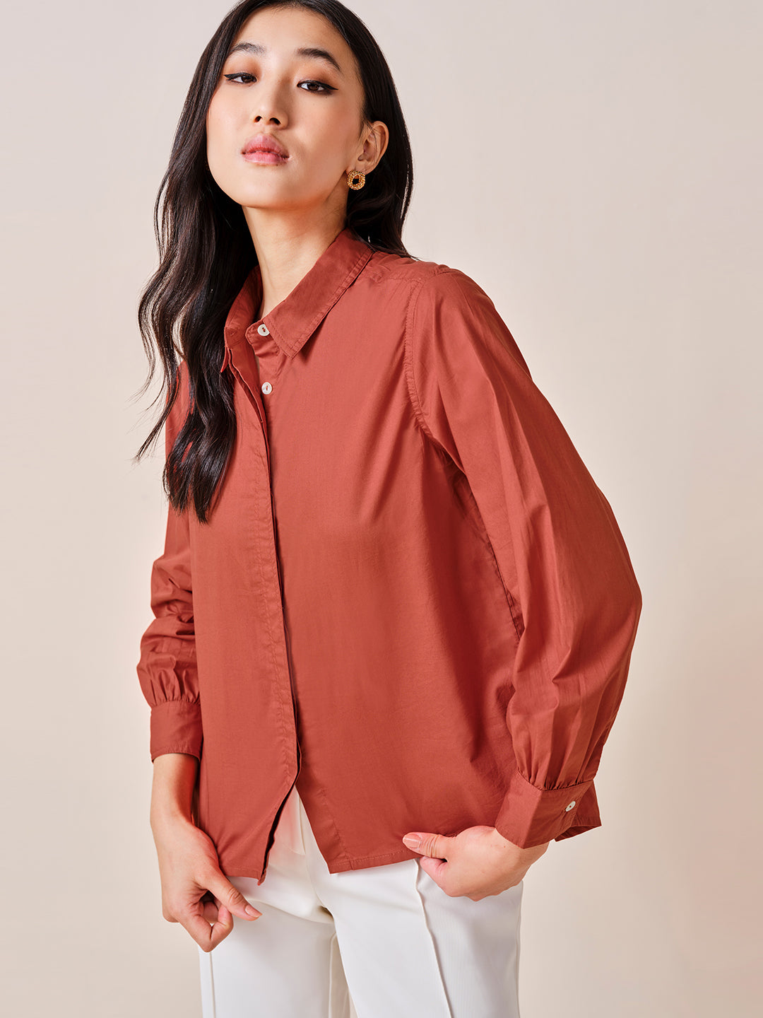 Women's Red Casual Regular Fit Solid Full Sleeves Shirt