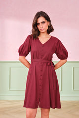Women's Red Casual Regular Fit Solid Half Sleeves Dress
