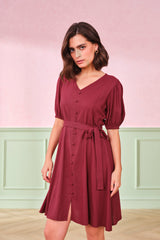 Women's Red Casual Regular Fit Solid Half Sleeves Dress