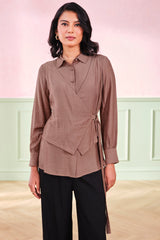 Women's Brown Work Regular Fit Solid Full Sleeves Tops