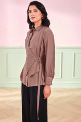 Women's Brown Work Regular Fit Solid Full Sleeves Tops