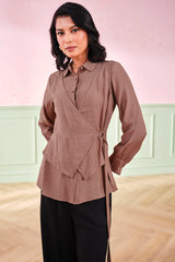 Women's Brown Work Regular Fit Solid Full Sleeves Tops