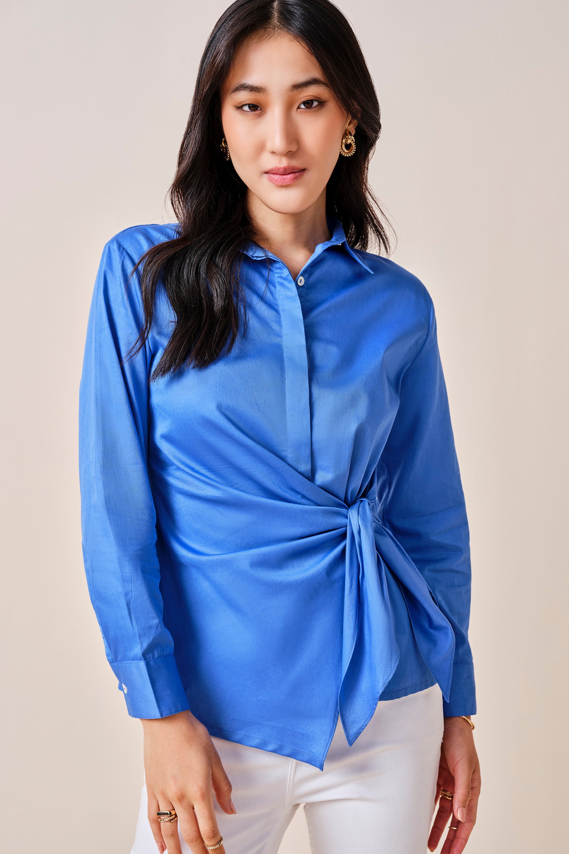 Women's Blue Work Regular Fit Solid Full Sleeves Tops