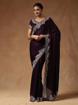 Women's Satin Silk Purple Embroidered Designer Saree With Blouse Piece