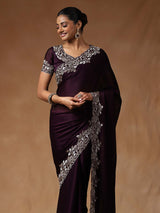 Women's Satin Silk Purple Embroidered Designer Saree With Blouse Piece
