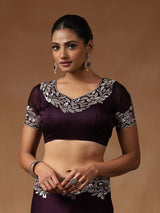 Women's Satin Silk Purple Embroidered Designer Saree With Blouse Piece