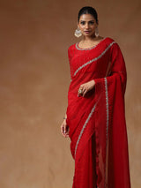 Women's Tissue Red Embellished Designer Saree with Blouse Piece